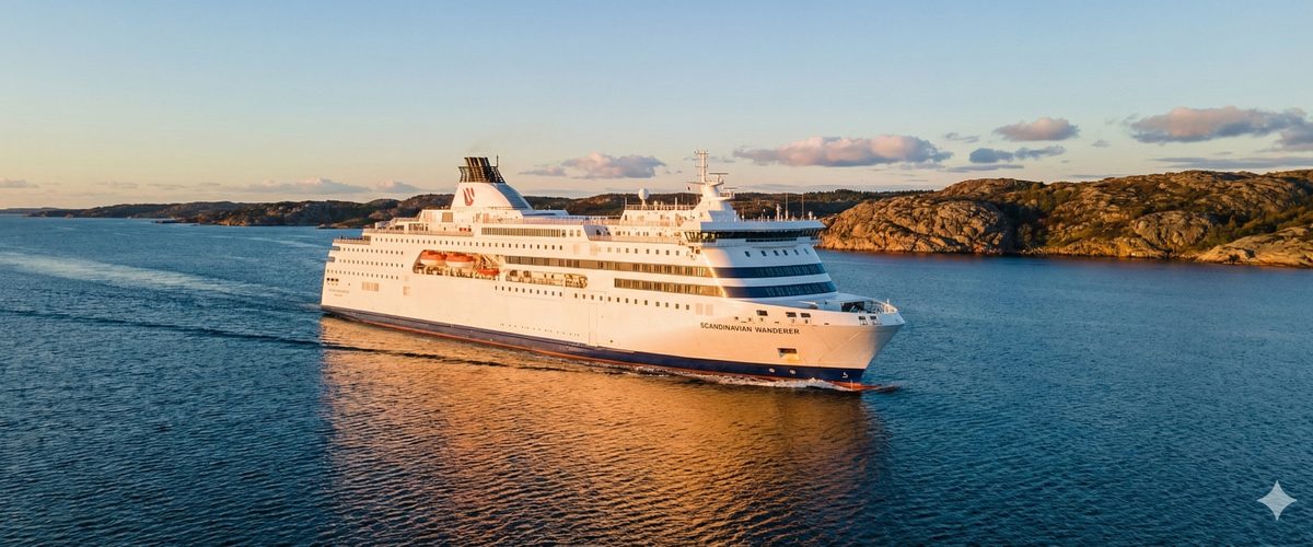 Fähre auf dem Skagerrak zwischen Hirtshals und Kristiansand bei Sonnenuntergang